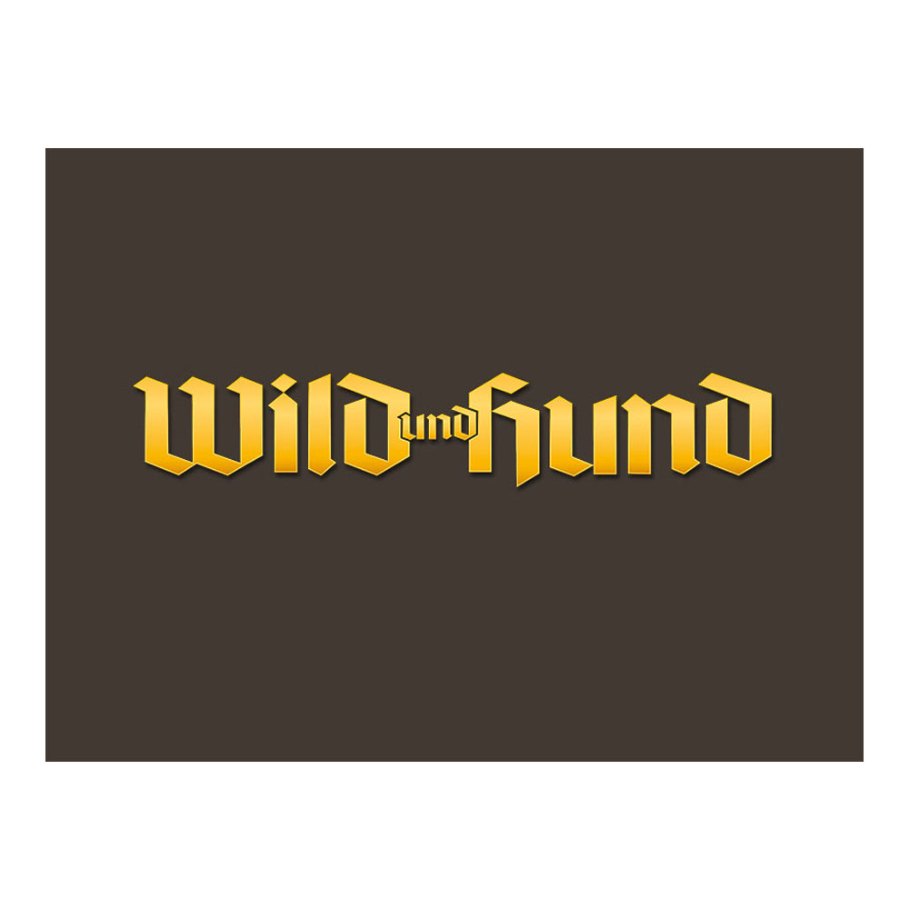 Das goldfarbene Logo des Jagdmagazins "Wild und Hund" auf dunklem Hintergrund — scharf und kontrastreich abgebildet