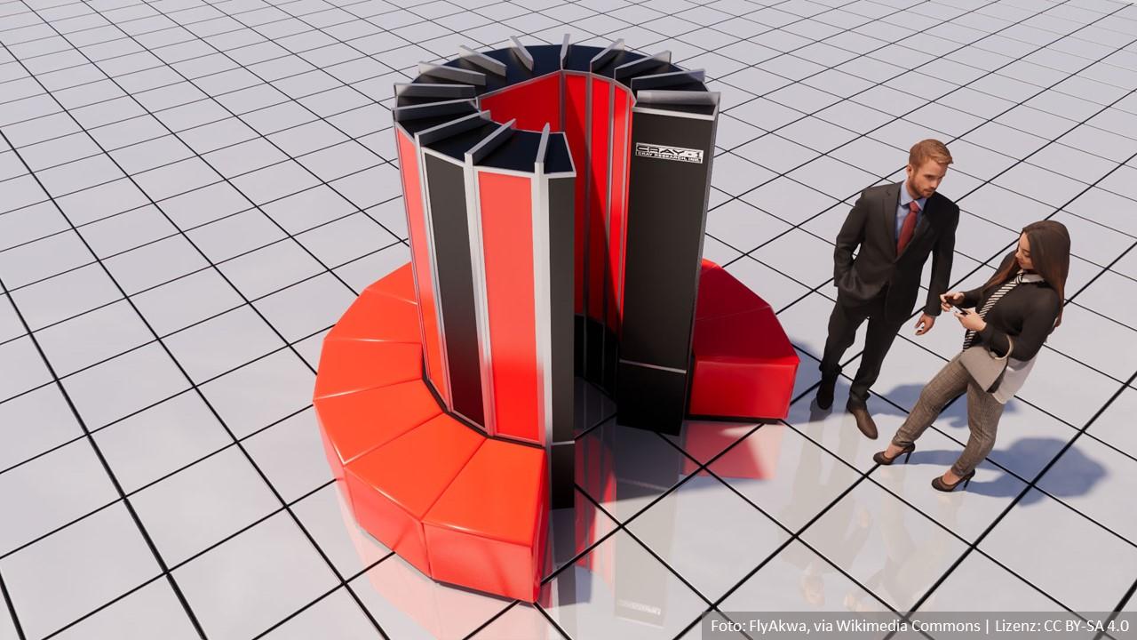 Zwei Menschen stehen neden dem großen Supercomputer "Cray 1"