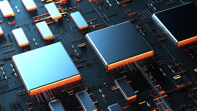 Mikrochips mit ihren Strukturen auf einer Leiterplatte angeordnet
