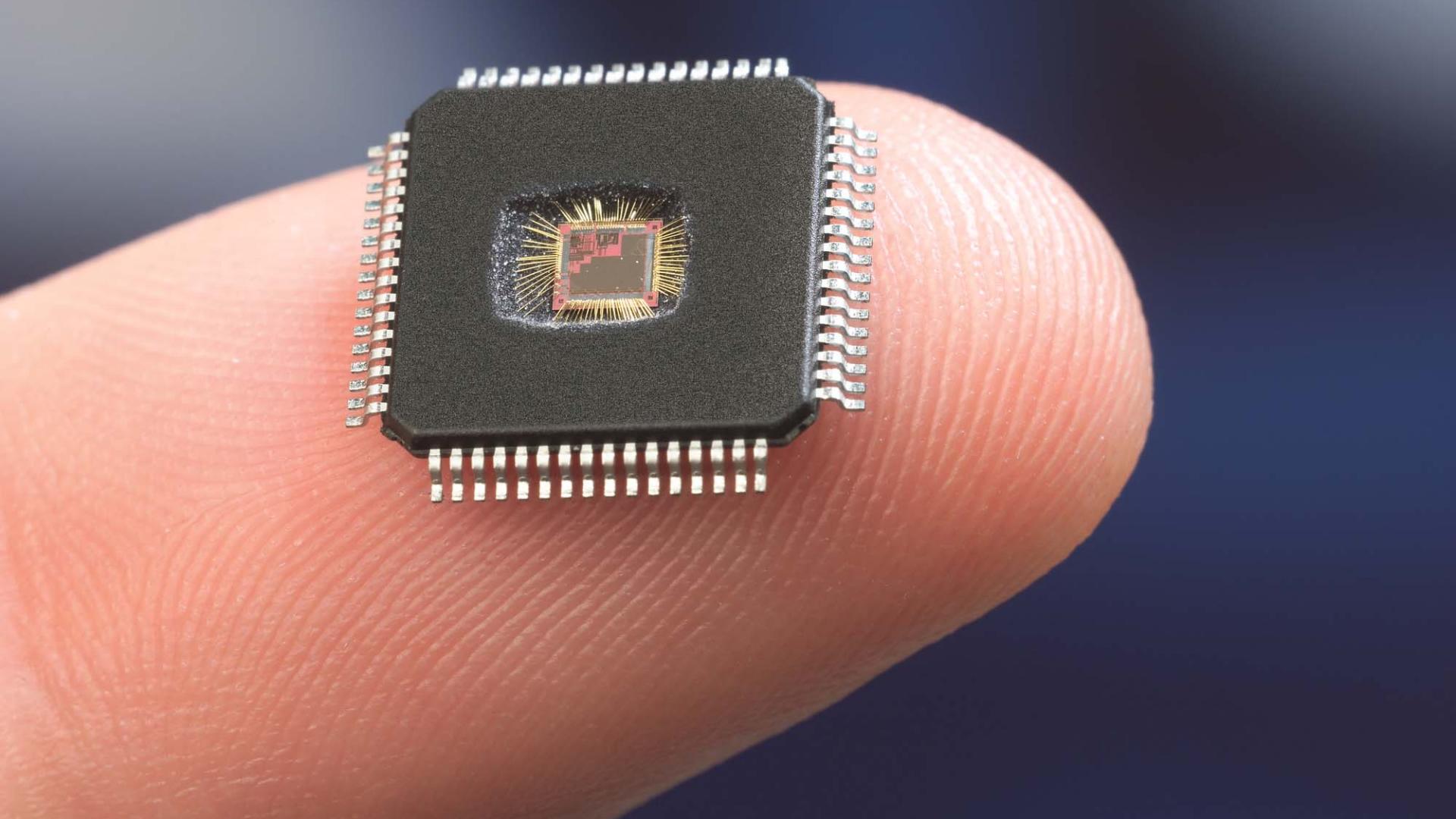 Fingerkuppe hält Mikrochip