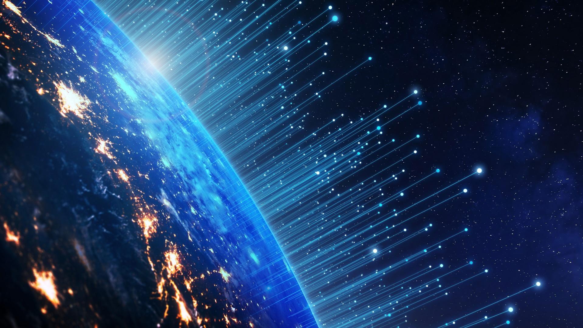 Telekommunikationstechnologie mit Verbindungen rund um die Erde aus dem Weltraum betrachtet