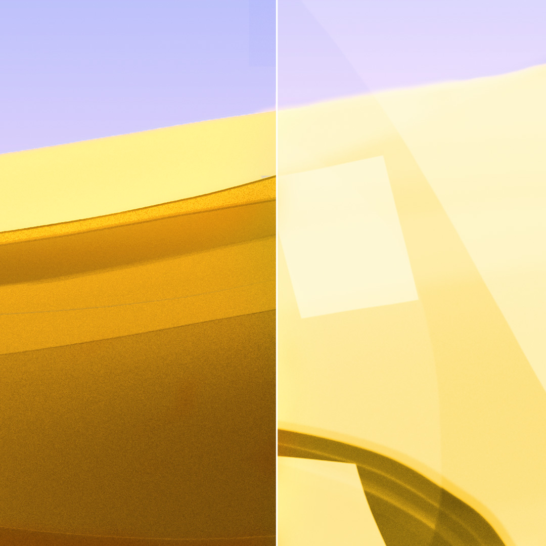 Vergleichsansicht eines klaren, sauberen Brillenglases mit ZEISS DuraVision Gold UV und eines Brillenglases mit starken Reflexionen.