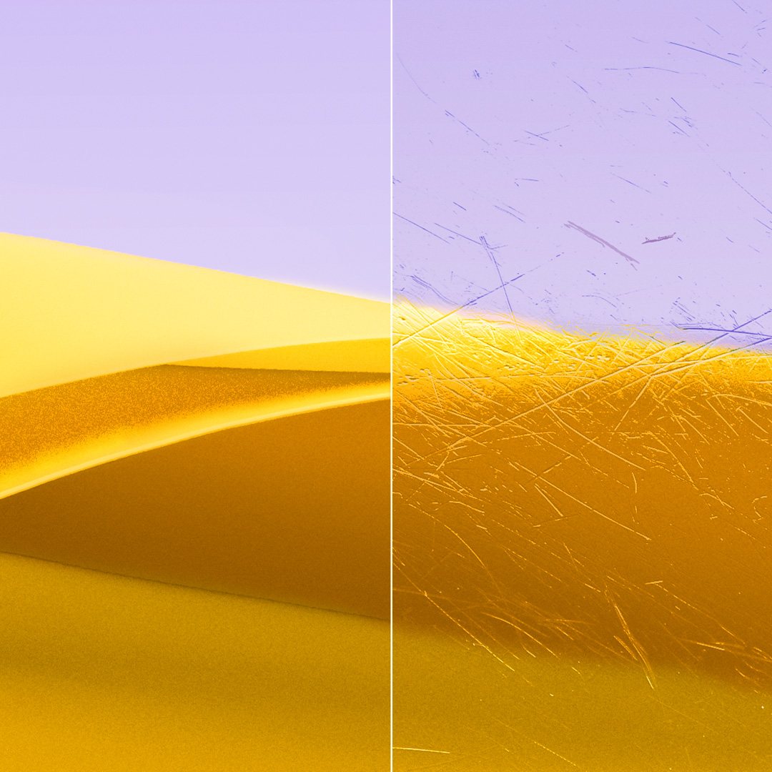 Vergleichsansicht eines klaren, sauberen Brillenglases mit ZEISS DuraVision Gold UV und eines Brillenglases mit Kratzern.