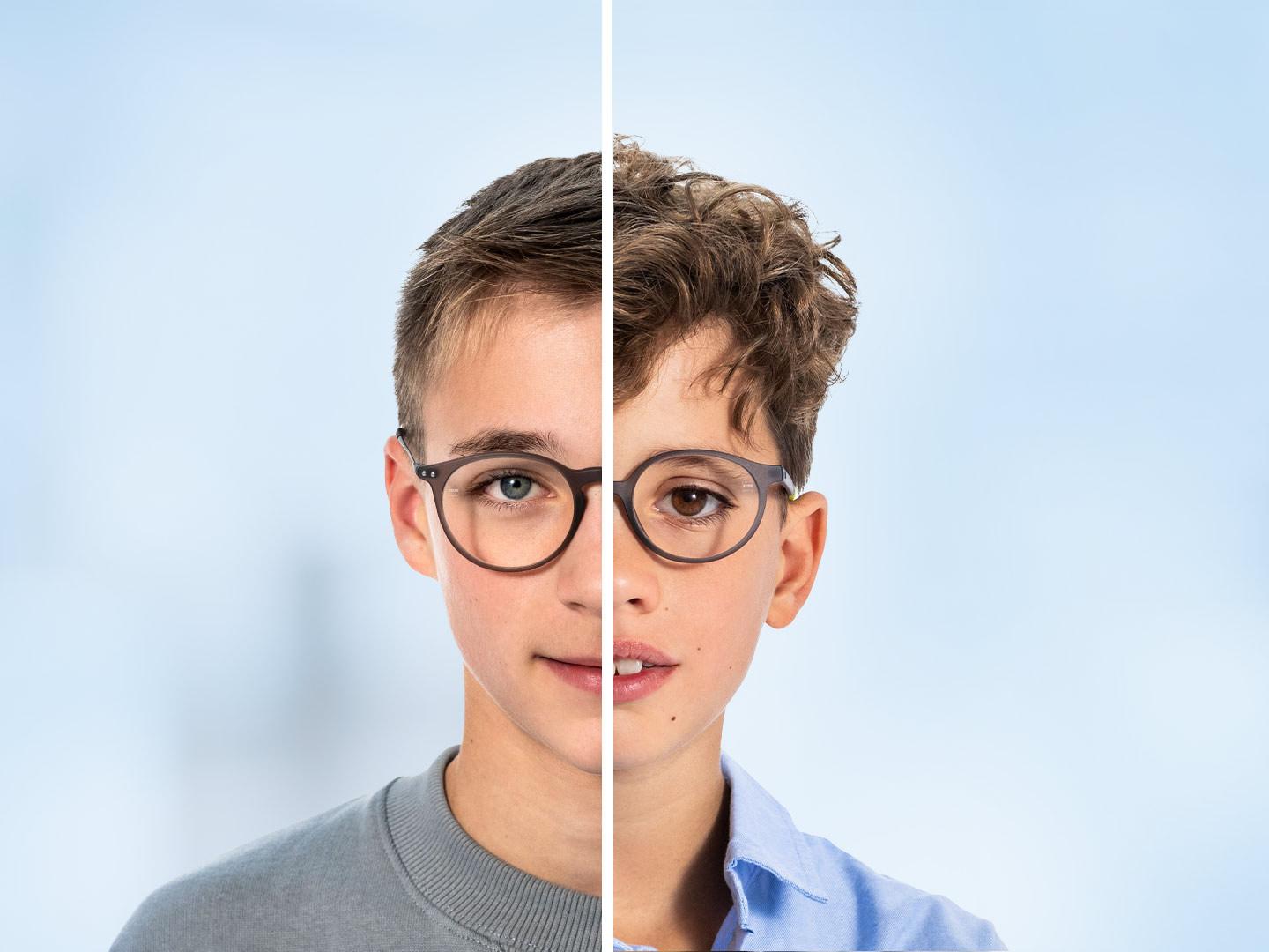 Zwei Gesichtshälften nebeneinander: Eine Gesichtshälfte eines Teenagers neben der eines kleineren Jungen.
