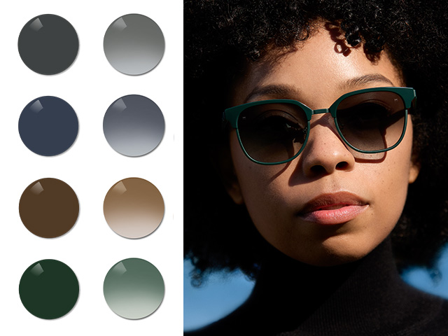 Eine junge Frau, die ZEISS Sonnenbrillengläser mit Sehstärke und Farbverlauf in Black trägt. Als Nächstes werden die Farben Black, Grau, Braun und die grau-grüne Pioneer-Tönung in unifarbenen und verlaufsfarbenen Varianten visualisiert.