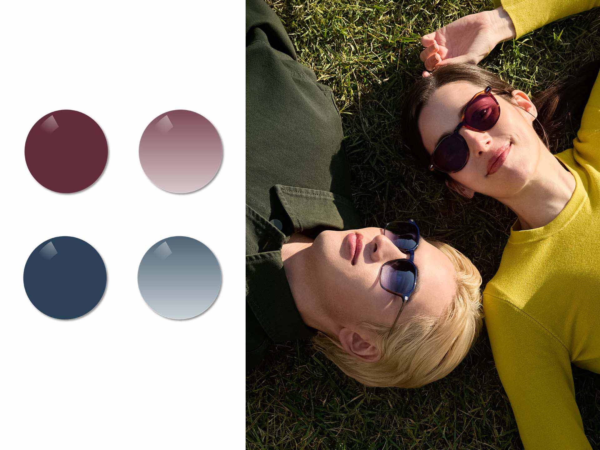 Ein Mann, der ZEISS Sun Rx Brillengläser in Nachtblau trägt, und eine Frau, die eine ZEISS Sonnenbrille mit Sehstärke in Burgund trägt, liegen auf dem Gras. Als Nächstes werden die Farben Burgunder, Copper Brown, Nachtbblau und Dusk Grey in Unifarben und Verlaufsfarben visualisiert.