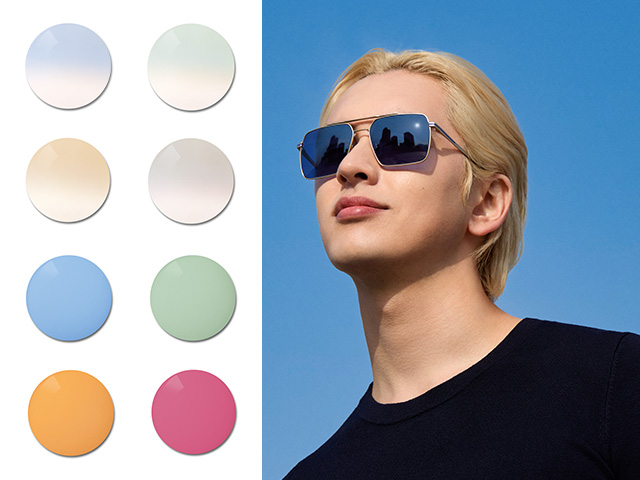 Ein junger Mann, der ZEISS Sonnschutzgläser mit Sehstärke in einer blauen, unifarbigen Tönung trägt. Als Nächstes wird die Farbpalette der Spezialtönungen visualisiert, die von pastellfarbenen Verläufen bis zu kräftigen und farbenfrohen Unifarben reicht.