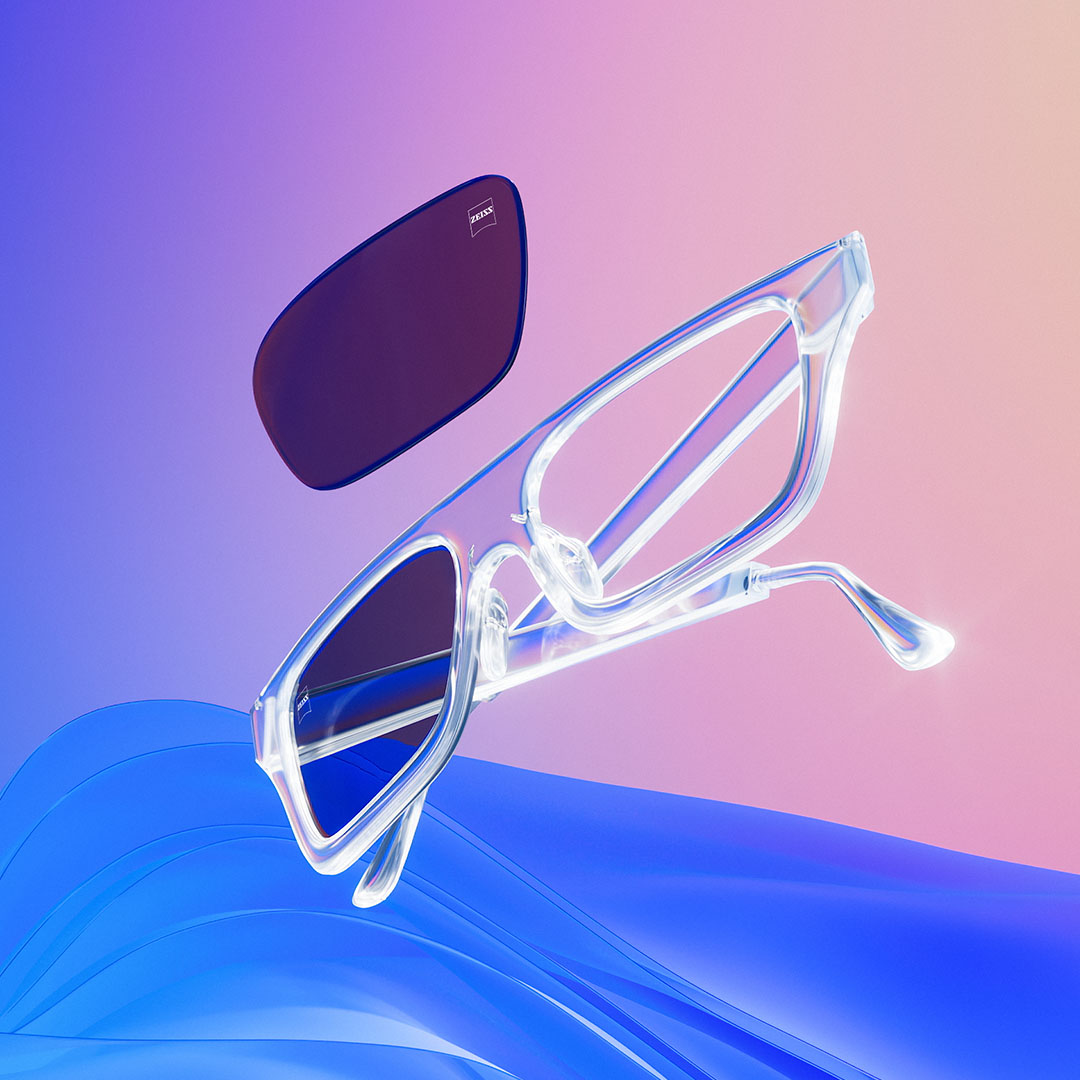 3D-CGI-Illustration einer klaren Brillenfassung mit getönten Gläsern.