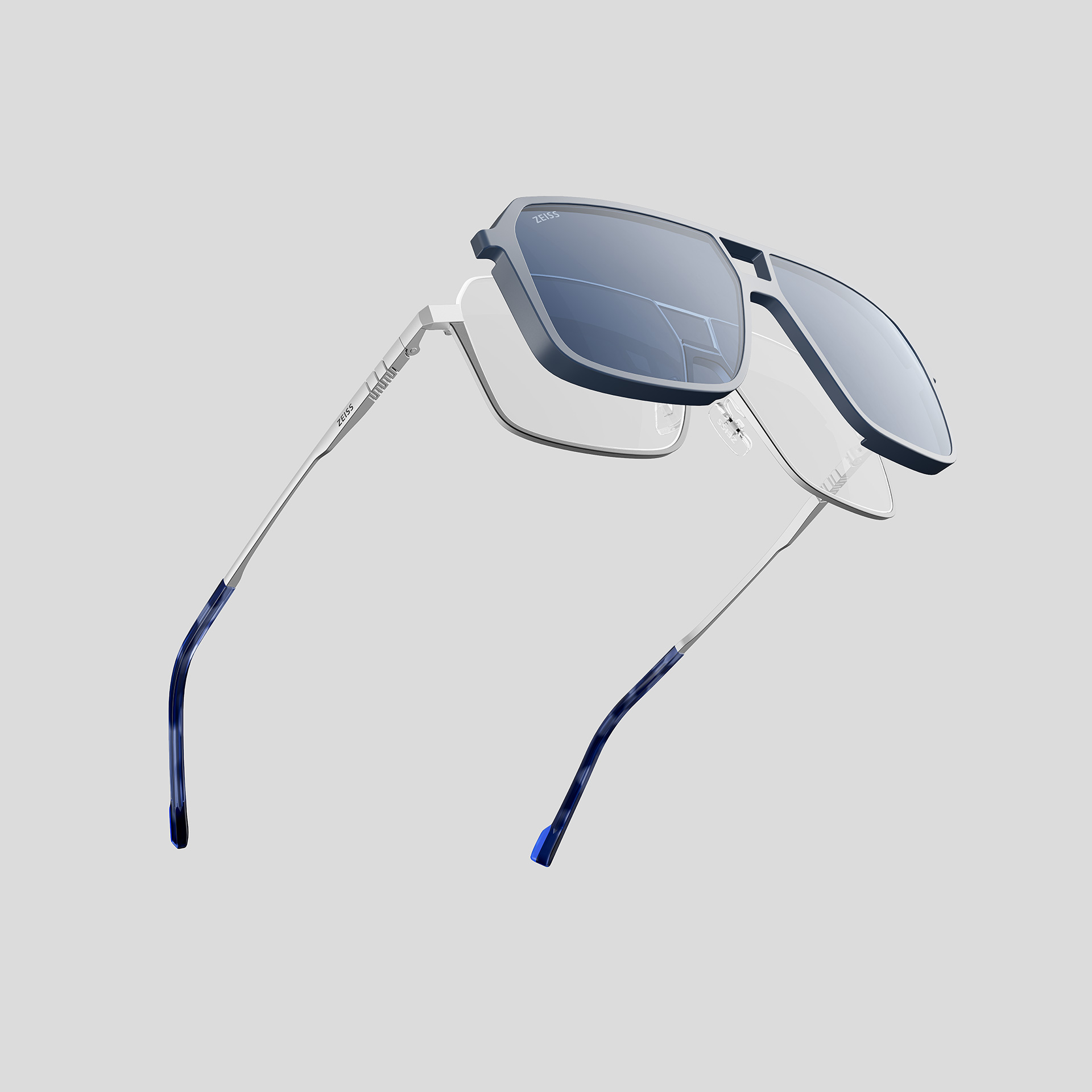 Eine ZEISS Fassung mit Magnetclip für dunklere Brillengläser.