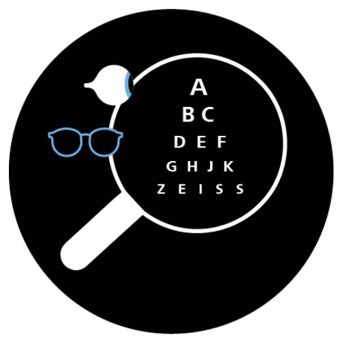 Eine Zeichnung mit einem Auge, einer Brille, einer Lupe und einer Reihe von Buchstaben, die an einen Sehtest erinnern und unten das Wort &quot;ZEISS&quot; bilden.