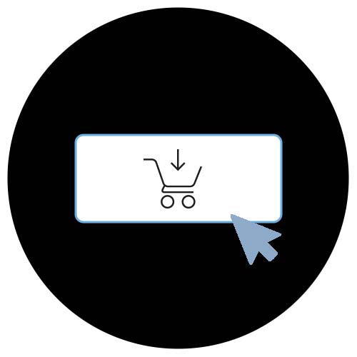 Eine Zeichnung mit einen Pfeil, der auf ein weißes Rechteck mit einem Einkaufswagen-Symbol deutet. Über dem Einkaufswagen ist ein nach unten zeigender Pfeil.