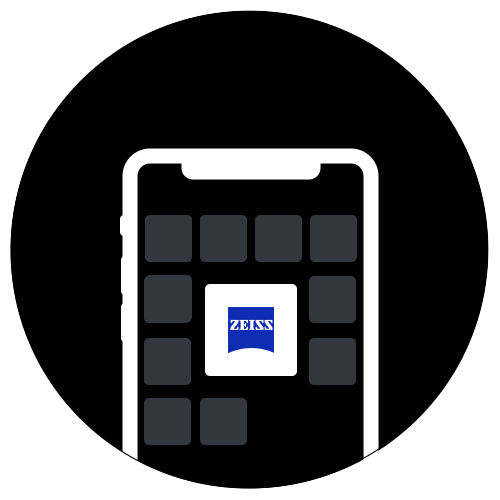 Eine Illustration eines Smartphones mit grauen App-Kacheln und einem größeren weißen Quadrat in der Mitte, das die MyZEISS Vision App in Farbe zeigt.