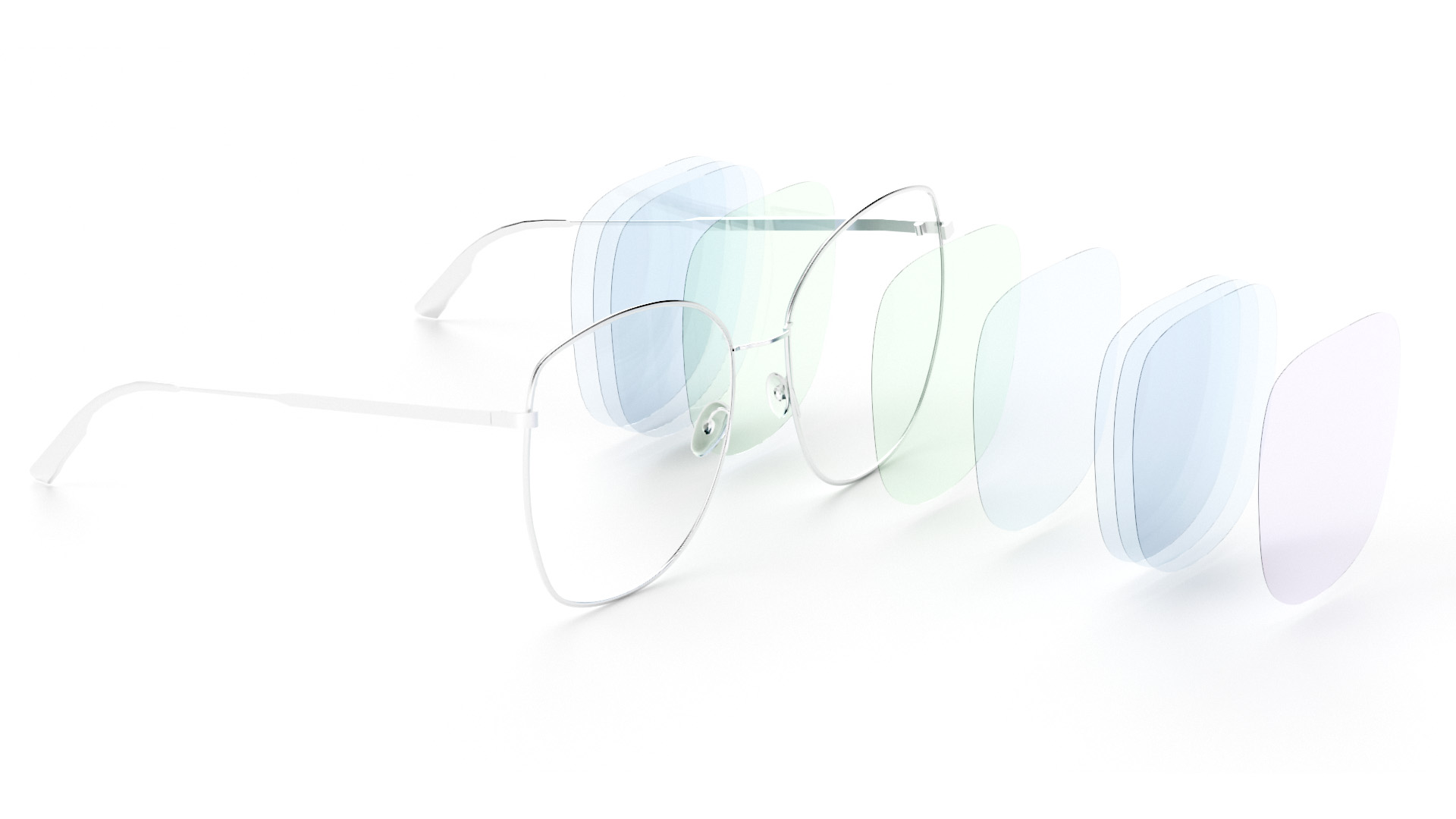 Eine Brille mit verschiedenen dargestellten Beschichtungsschichten.