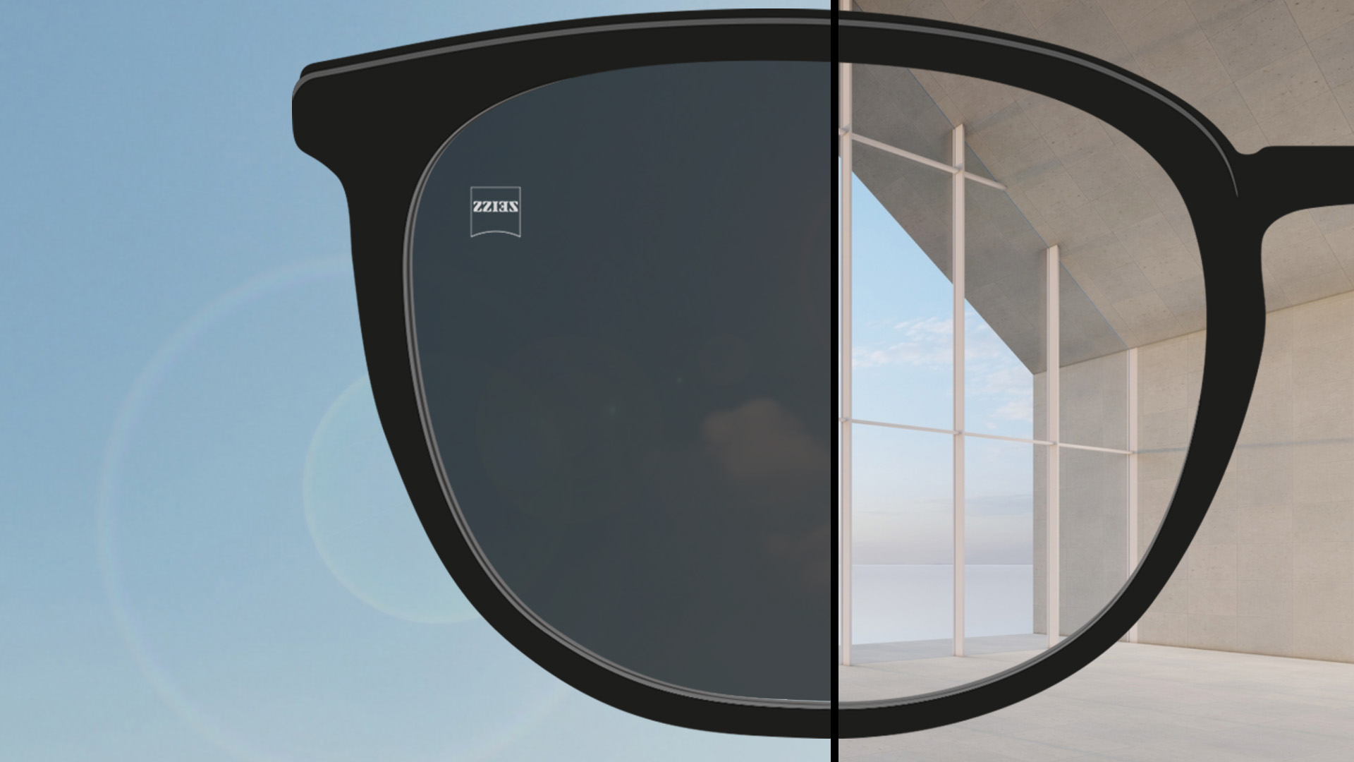 Die Abbildung zeigt ein in zwei Hälften unterteiltes Brillenglas. Eine Hälfte zeigt das klare Brillenglas in Innenräumen, die andere das vollständig eingedunkelte Brillenglas im Freien.