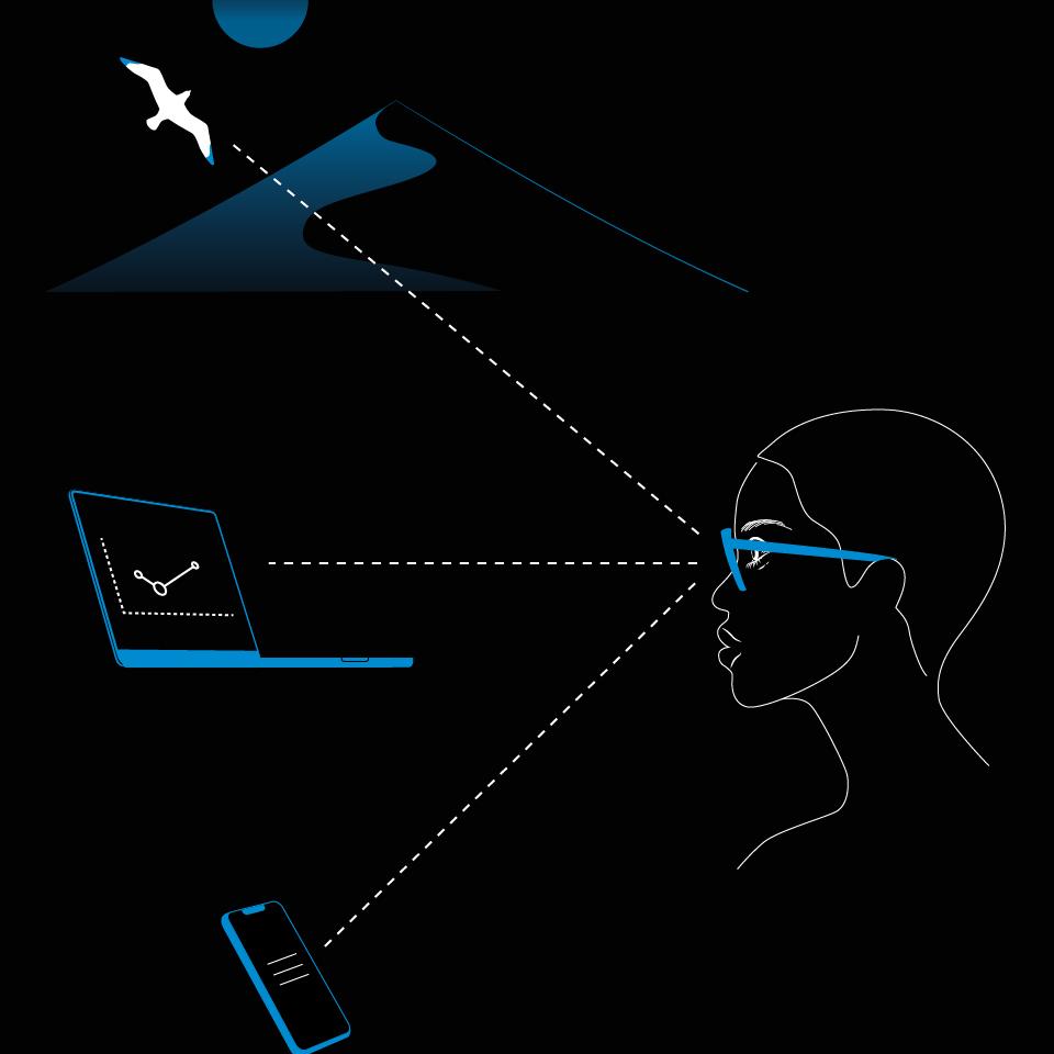 Abbildung einer Frau mit Brille und Darstellung eines Telefons, Laptops und einer Landschaft. Sie dienen dazu, die drei von Gleitsichtgläsern unterstützten Entfernungszonen zu repräsentieren.