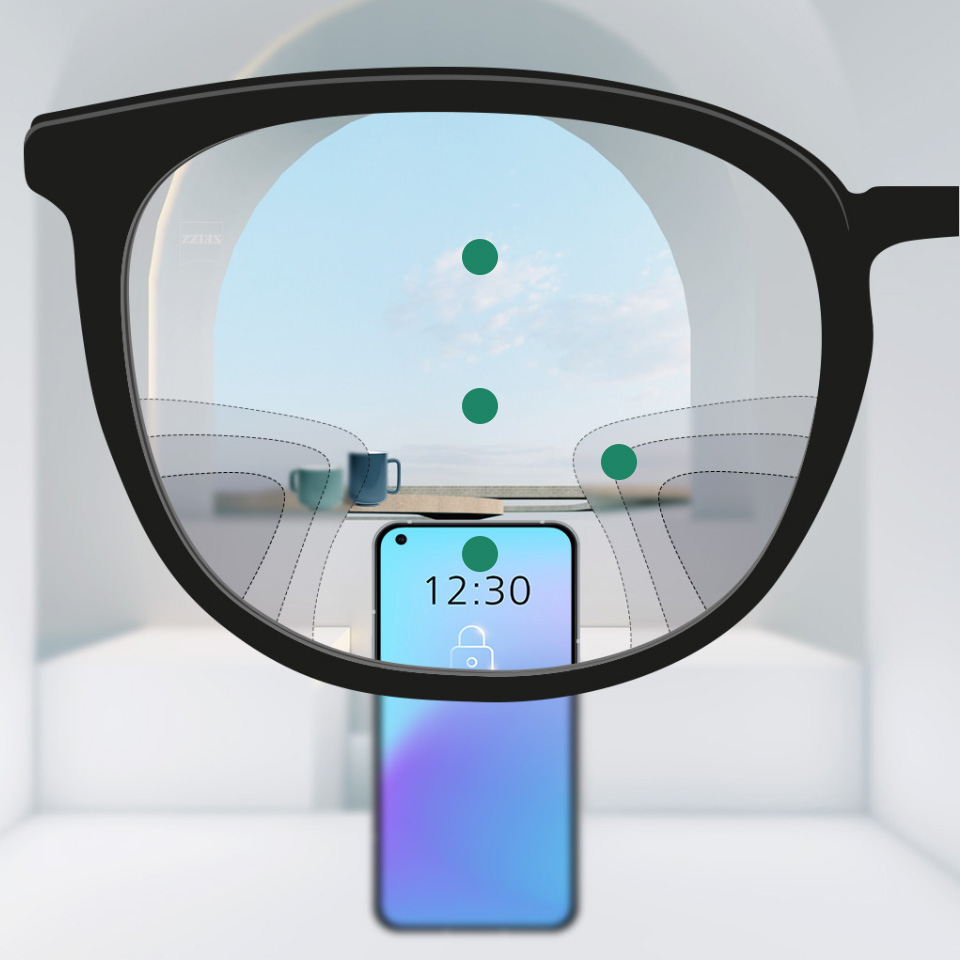 Darstellung der Sicht durch eine Brille mit einem Hybrid-Brillenglasdesign. Sie verfügt über ein breites Sichtfeld für nahe, mittlere und größere Entfernungen und stufenlose Übergänge zwischen den Unschärfezonen.