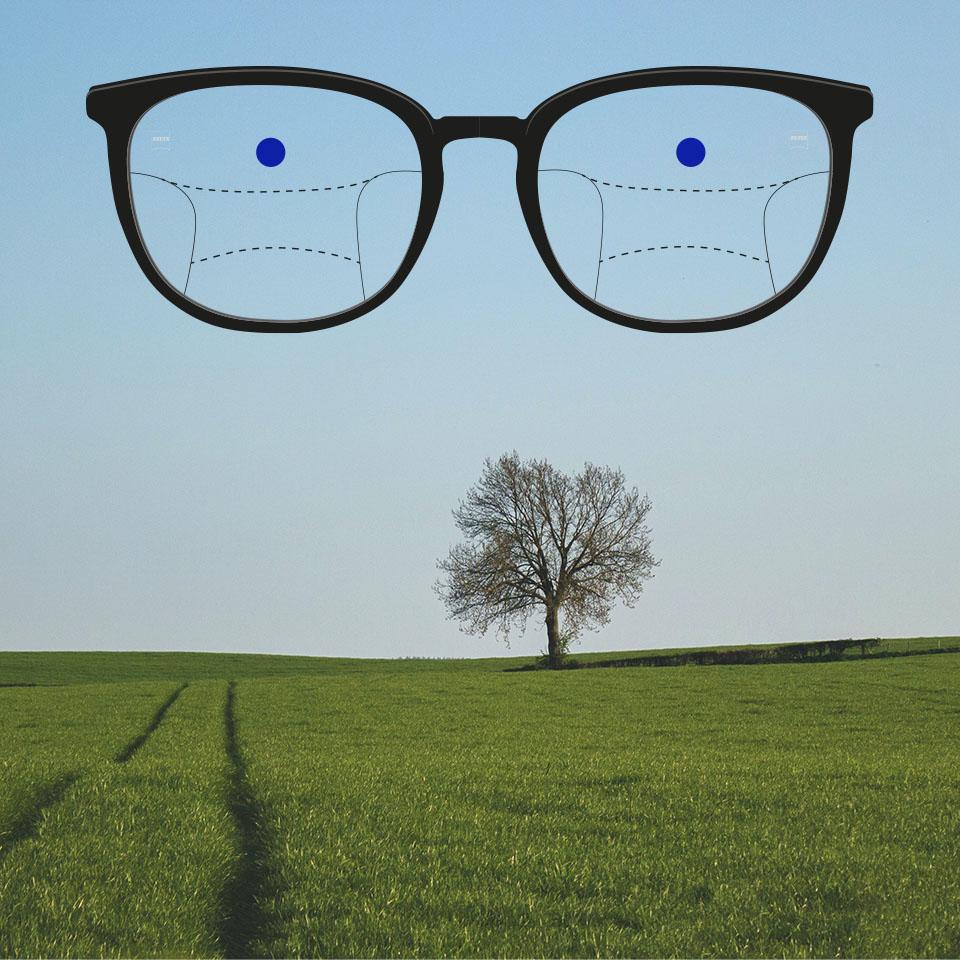 Fassung mit Gleitsichtgläsern und schematischen Linien zur Darstellung der unterschiedlichen Sichtzonen. Verschiedene Teile des Brillenglases sind optisch hervorgehoben:
