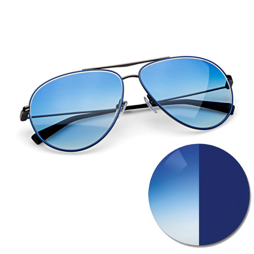Brille mit ZEISS AdaptiveSun, mit Verlaufsfarbe in Blau und einem Farbpunkt mit hellem und dunklem Farbton