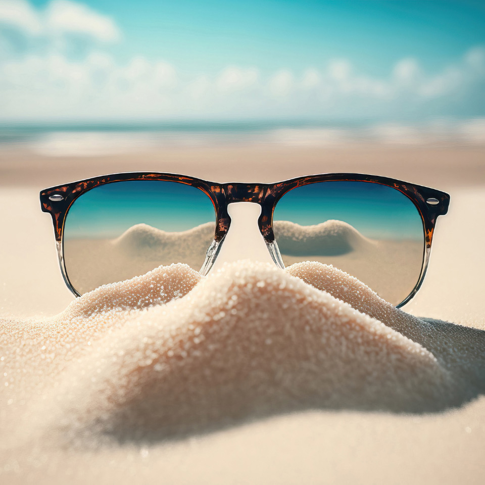 Eine Sonnenbrille mit Verspiegelung liegt am Strand im Sand.