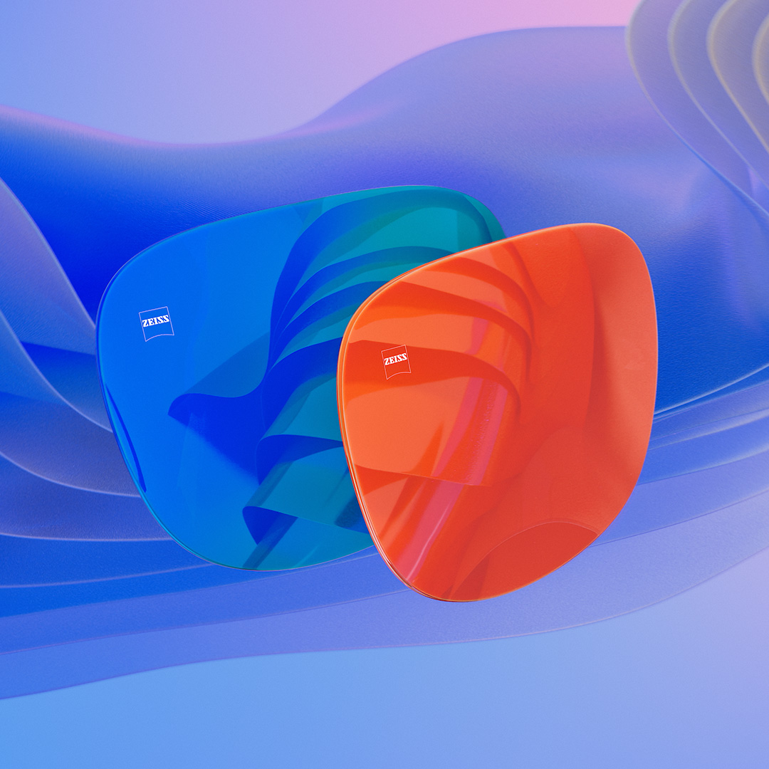 CGI-Illustration von Sonnenbrillengläsern mit blauer und oranger Verspiegelung