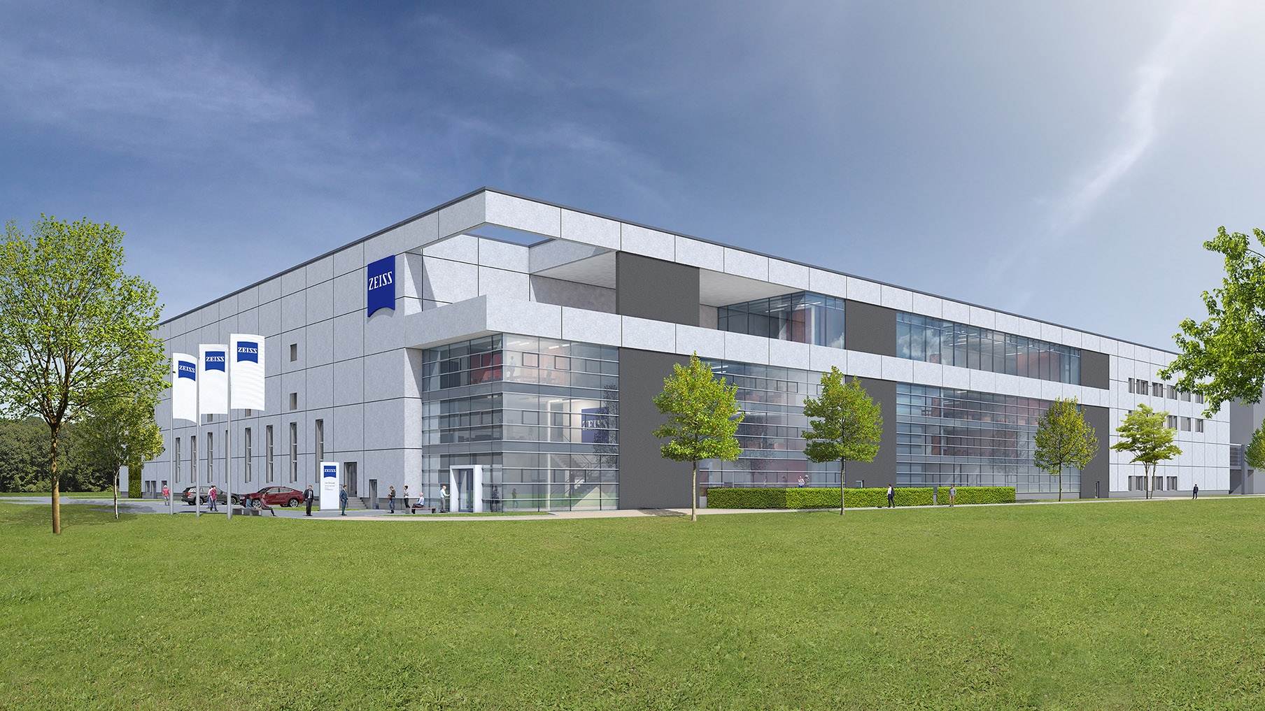 Visualisierungsentwurf der neuen Multifunktionsfabrik mit den Bereichen Optik, Beschichtung und Montage. Das neue Werksgebäude von ZEISS SMT in Wetzlar Dillfeld bietet auf einer Produktionsfläche von mehr als 12.000 m² Platz für ca. 150 Mitarbeitende.