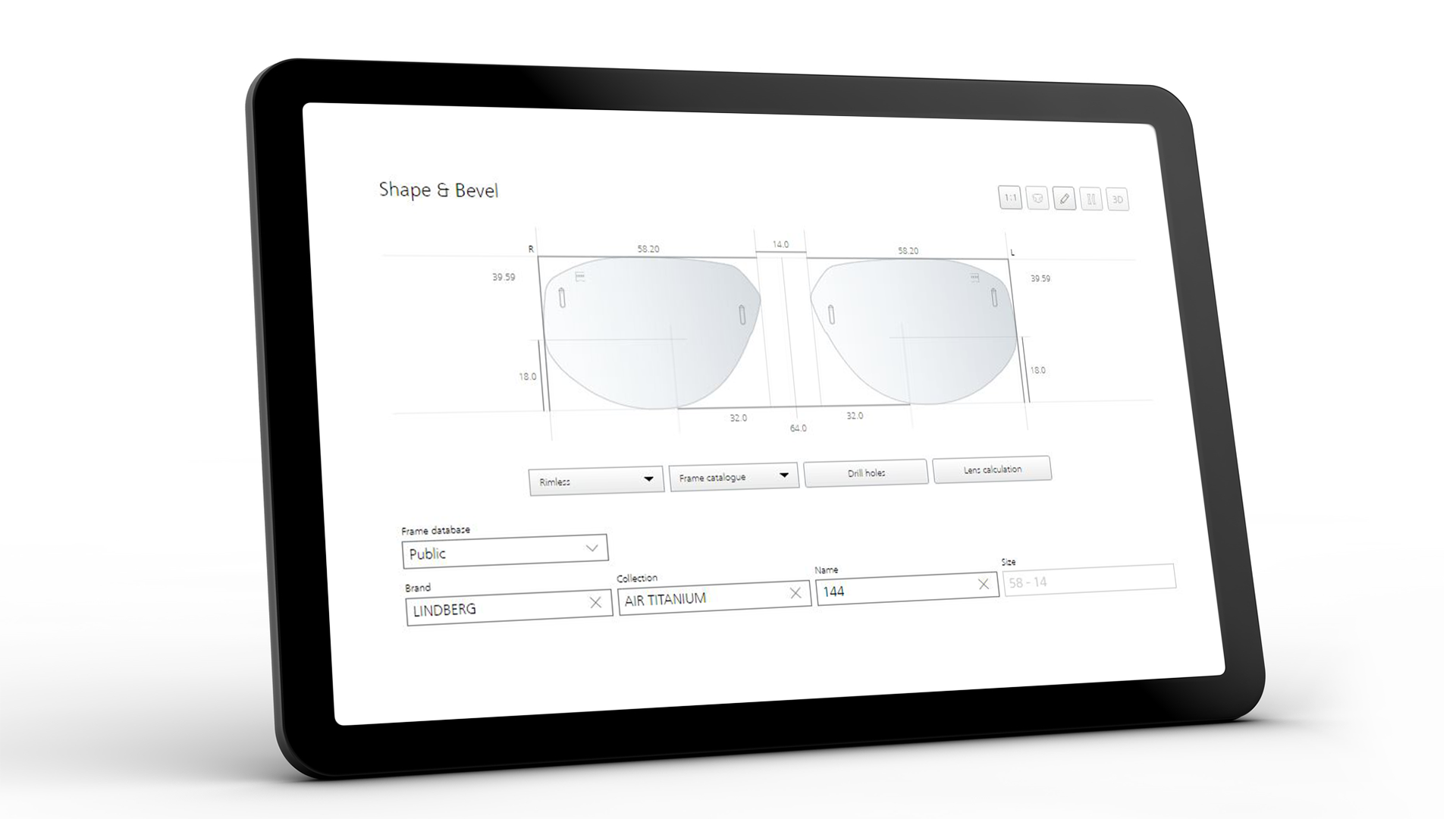 Tablet, auf dessen Bildschirm die ZEISS VISUSTORE Oberfläche für die Formanpassung zu sehen ist 