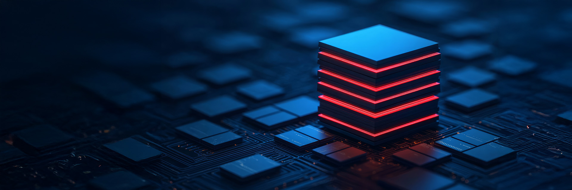 Gestapelte Mikrochips mit leuchtend roten Kanten sind auf einer dunklen Leiterplatte angeordnet.