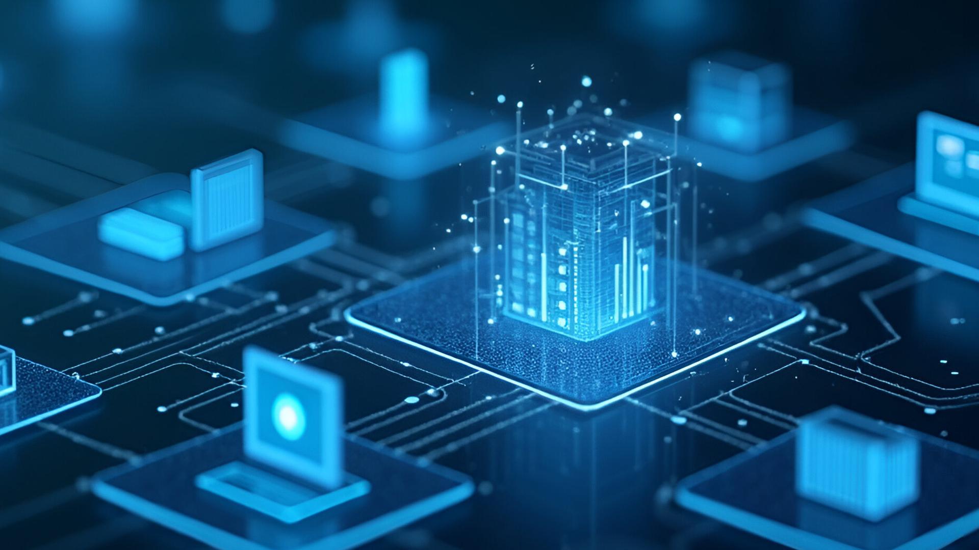 Digitale Illustration eines zentralen Datenservers, umgeben von verbundenen Geräten, als Symbol für ein Hightech-Netzwerksystem.