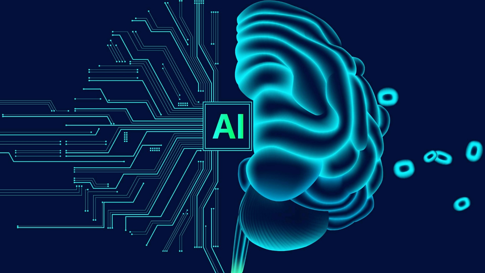 Digital illustration showing a glowing circuit board merging with a stylized human brain, centered around a square labeled "AI", with small floating cells on the right side.