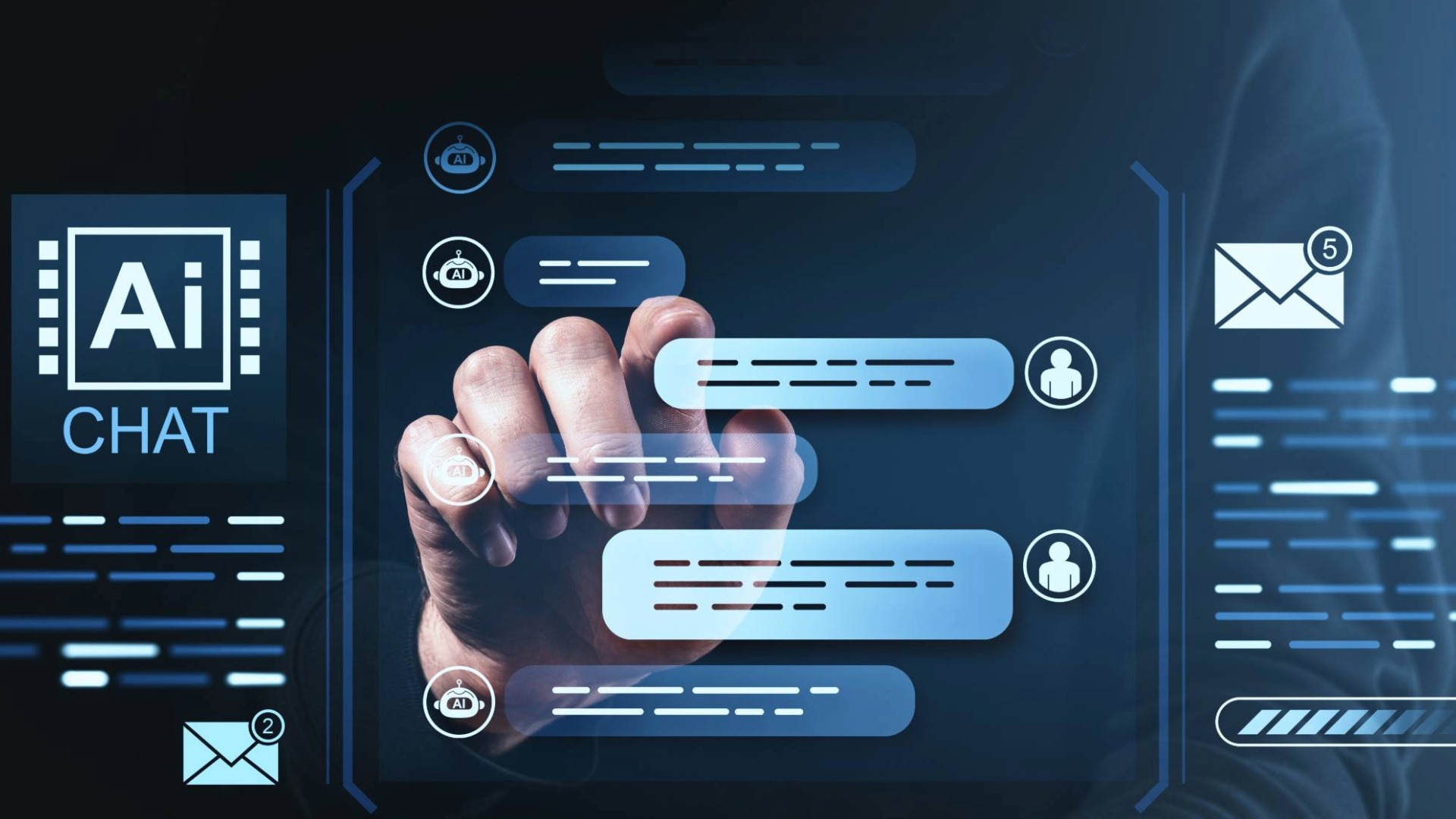 A hand interacts with a digital interface displaying AI-powered chat messages, icons, and communication symbols.