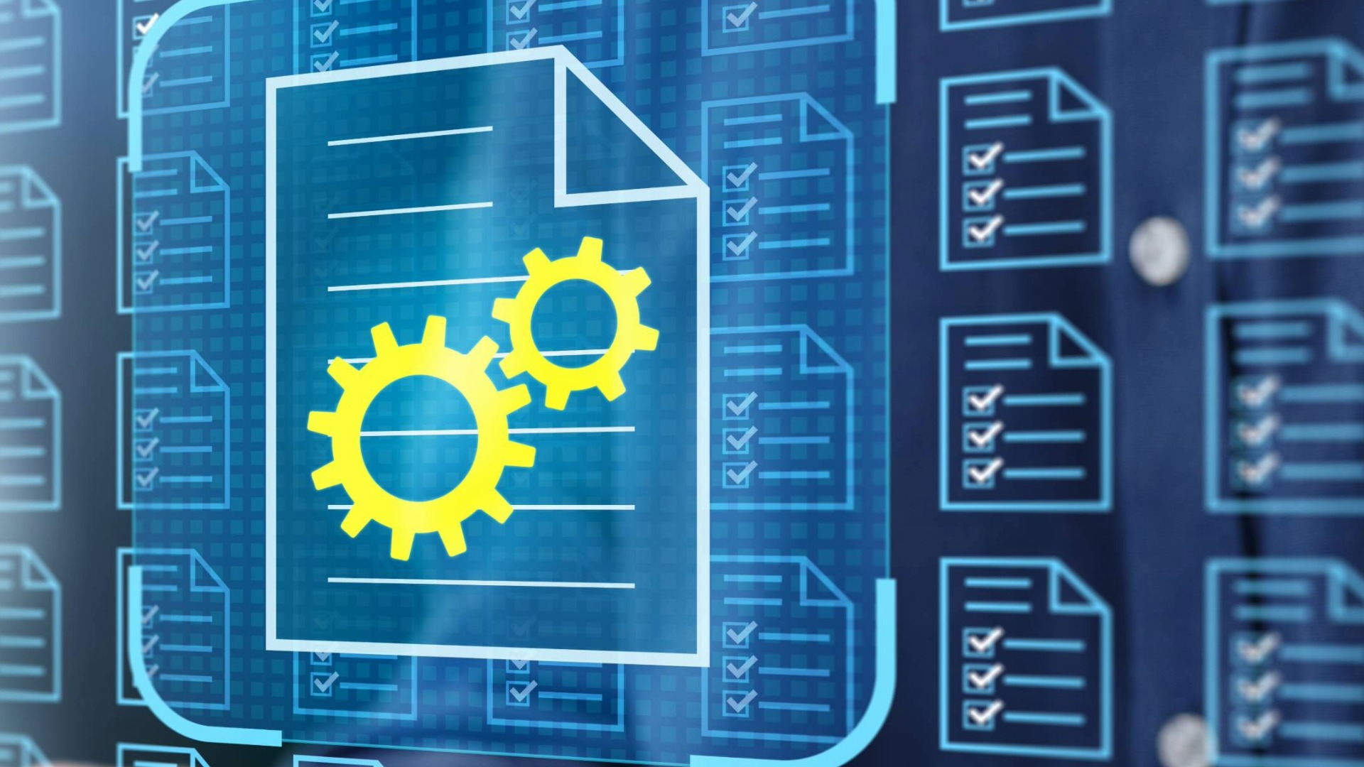 Digital illustration of documents with checkmarks and two gears overlaying a central file, representing data processing or system automation, aligned with ZEISS branding.
