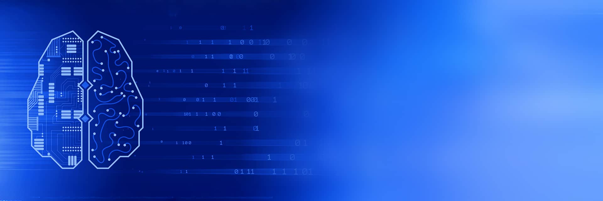 Digital illustration of a brain split into two halves, with one side showing a circuit board and the other neural connections, overlaid on a blue background with binary code.