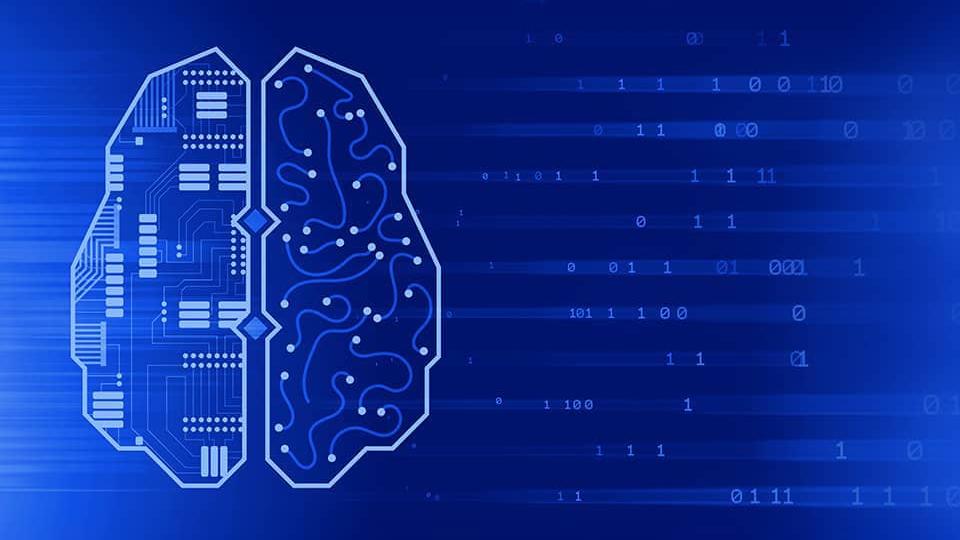 Zweiteiliger Umriss eines Gehirns, links mit Schaltkreisen, rechts mit neuronalen Verbindungen, vor blauem Hintergrund mit binären Zahlen.
