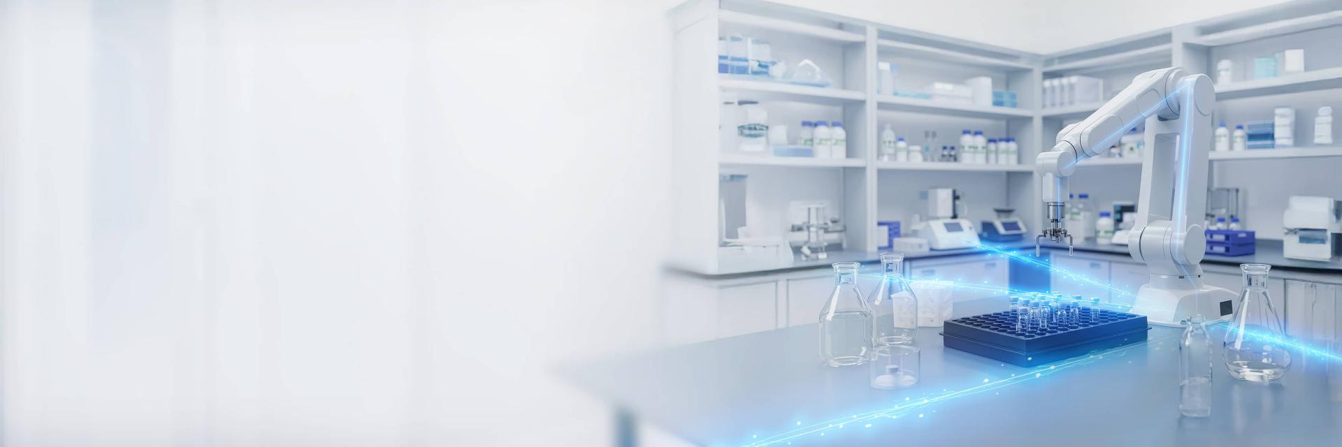Modernes Labor mit Roboterarm und wissenschaftlicher Ausrüstung auf einer sauberen Werkbank, das fortschrittliche Technologie und Präzision veranschaulicht, gebrandet von ZEISS.