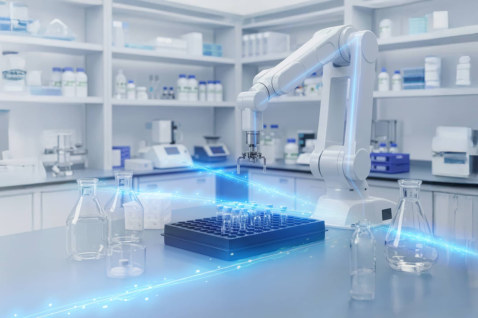 Ein Roboterarm in einem modernen Labor platziert Phiolen in ein Tablett, umgeben von wissenschaftlicher Ausrüstung und leuchtenden Datenlinien, die die ZEISS-Technologie repräsentieren.