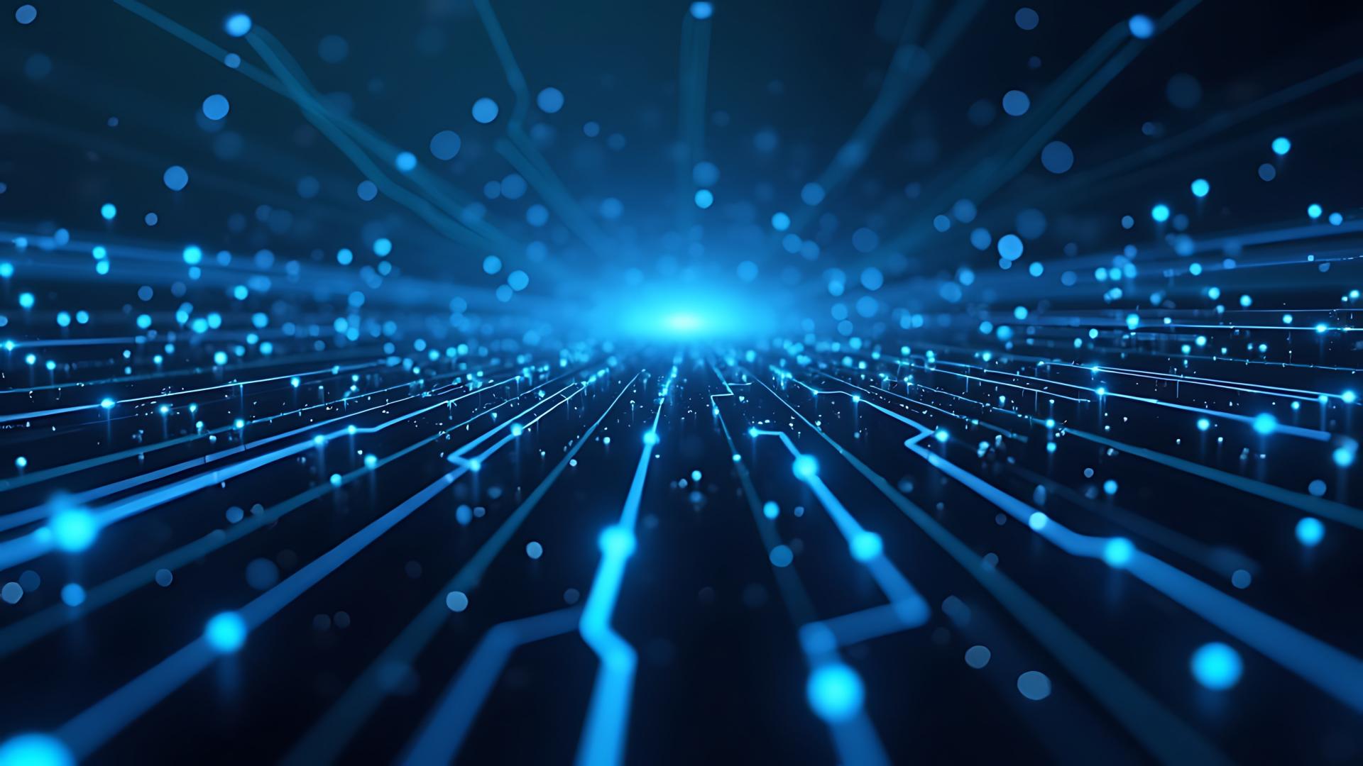 Futuristische digitale Landschaft mit leuchtend blauen Linien und Partikeln, die sich auf ein helles Zentrum zubewegen.
