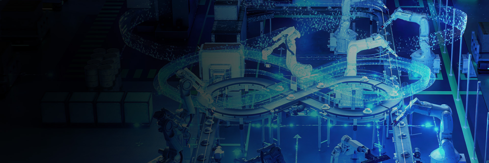 Hochmoderne automatisierte Produktionslinie mit Roboterarmen und Förderbandsystemen in einer modernen Industrieanlage, beleuchtet mit blauem Licht