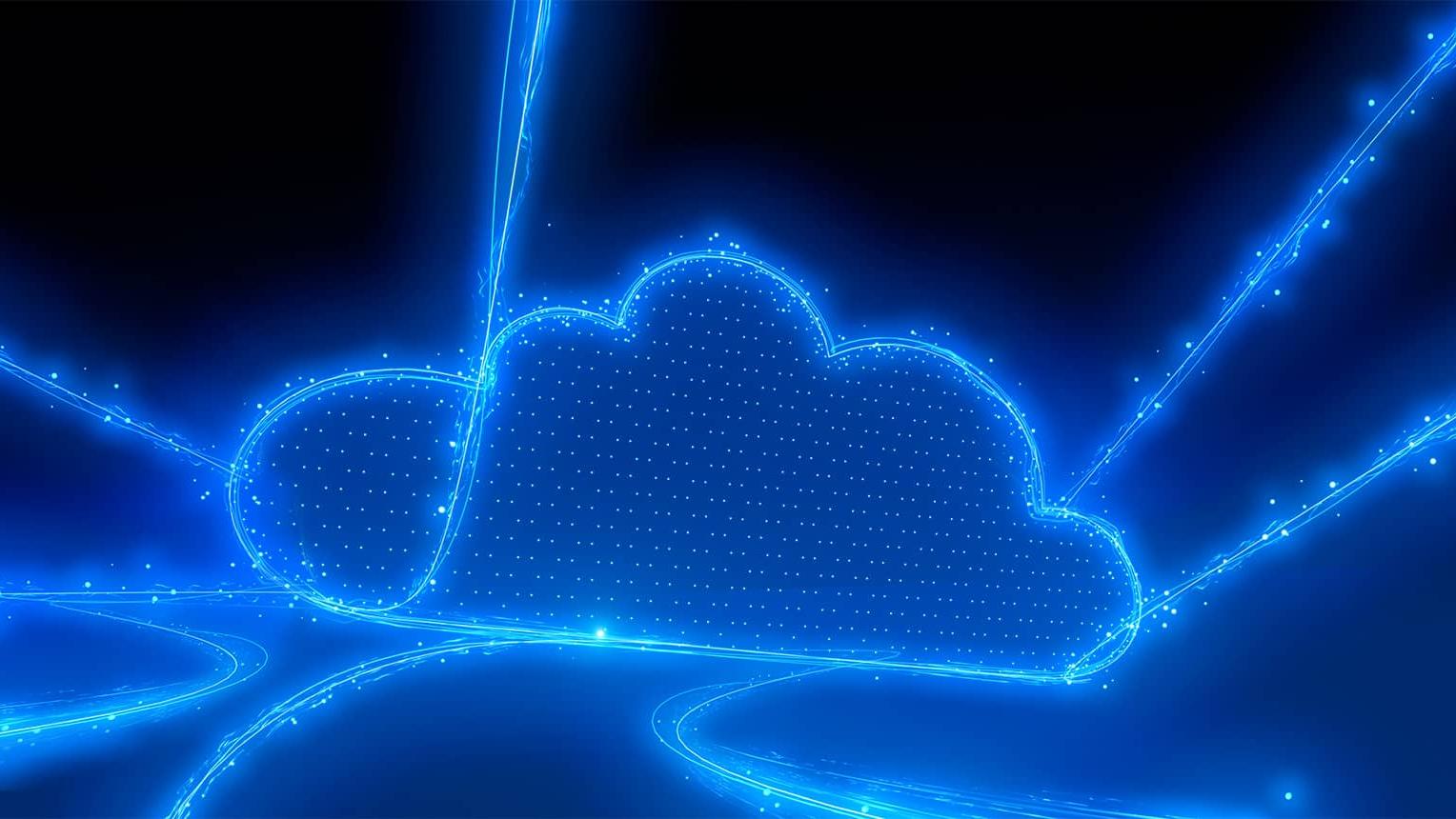 Digitale Illustration einer leuchtenden blauen Wolke mit mehreren Lichtspuren, die zu ihr führen und den Datenfluss sowie die Cloud-Computing-Technologie von ZEISS symbolisieren.