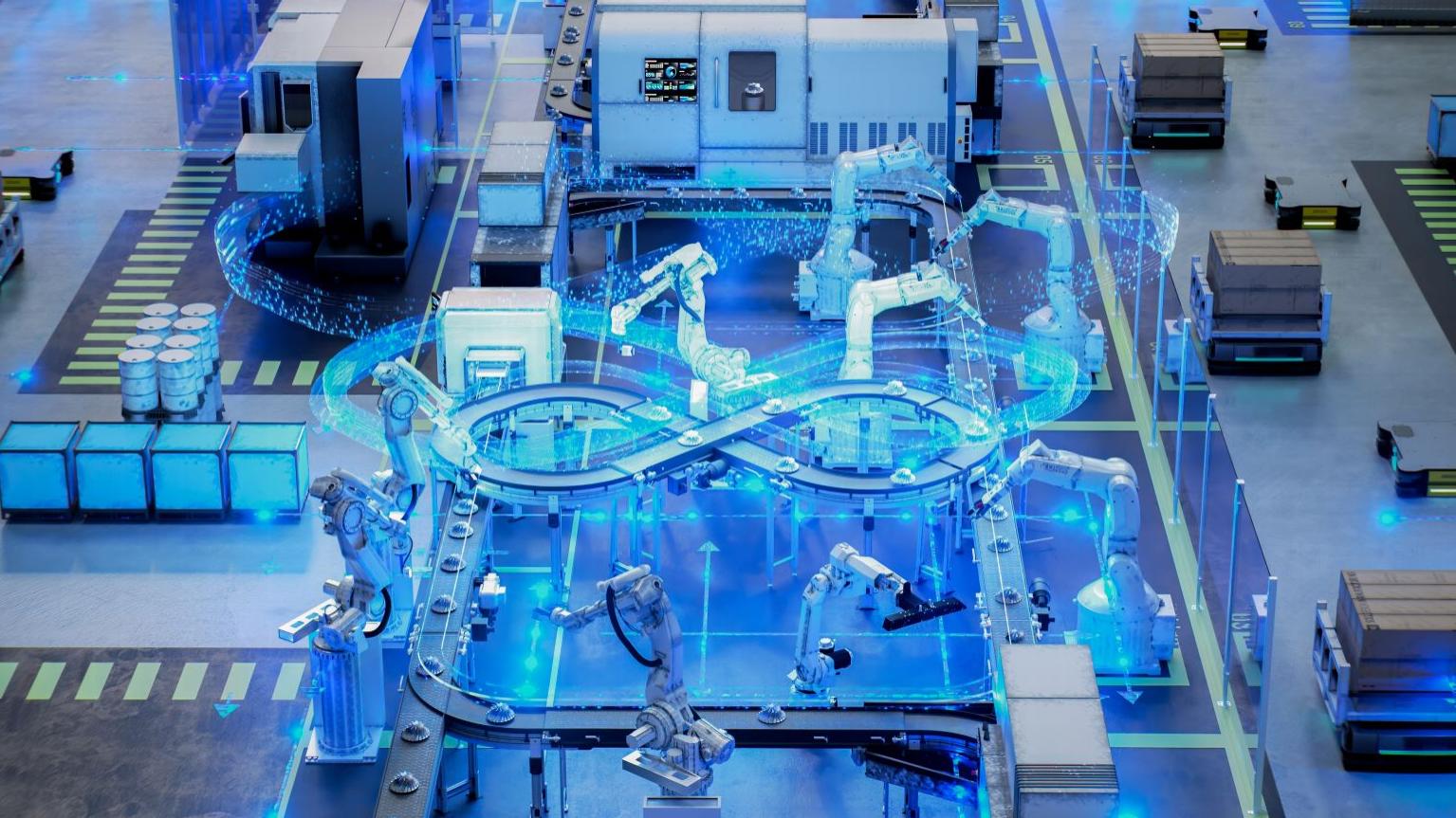 Hochmoderne automatisierte Produktionslinie mit Roboterarmen und Förderbandsystemen in einer modernen Industrieanlage, beleuchtet mit blauem Licht