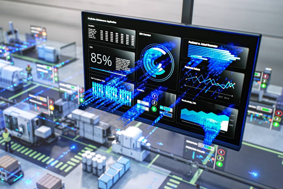 Zwei Ingenieure in einer hochmodernen Produktionsanlage überprüfen Daten auf einem digitalen Tablet, umgeben von Computerbildschirmen mit technischen 3D-Modellen und Maschinenkonstruktionen.