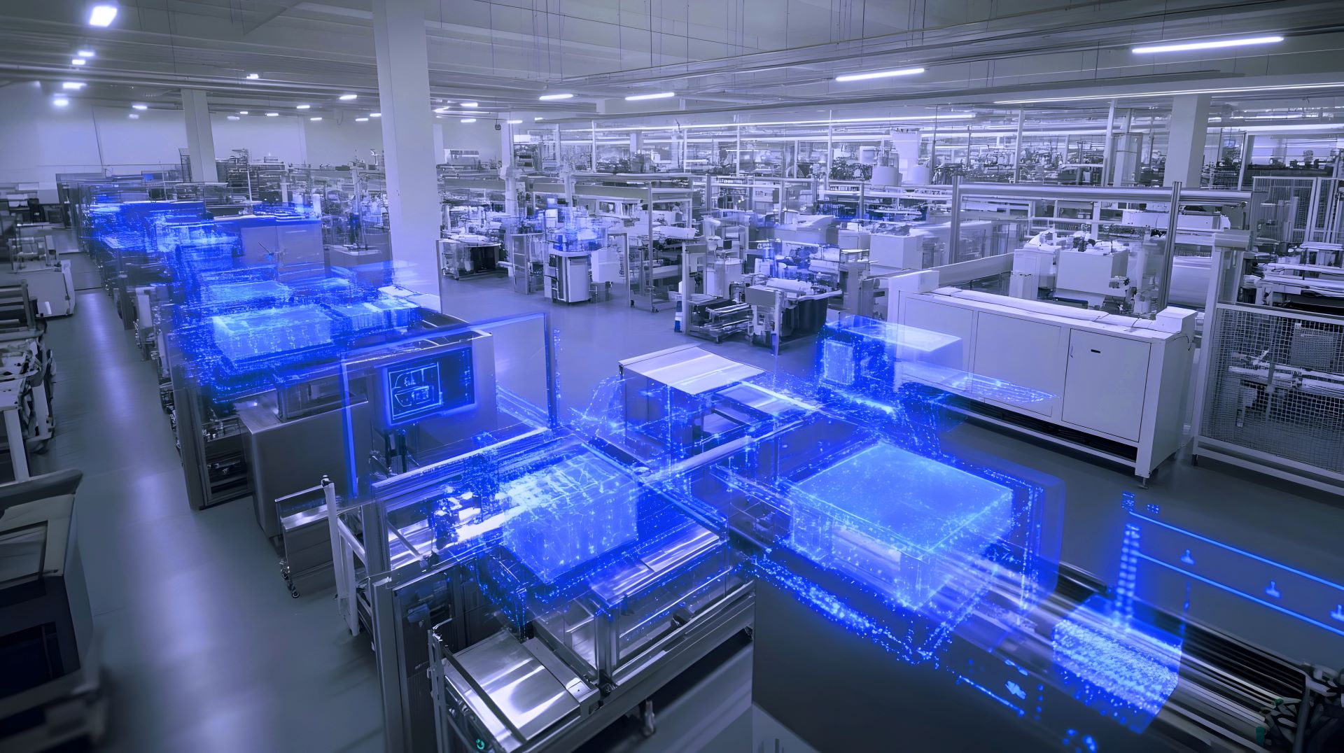 Moderne Produktionsstätte mit fortschrittlichen Maschinen und blauen digitalen Overlays, die intelligente Produktionstechnologie repräsentieren.