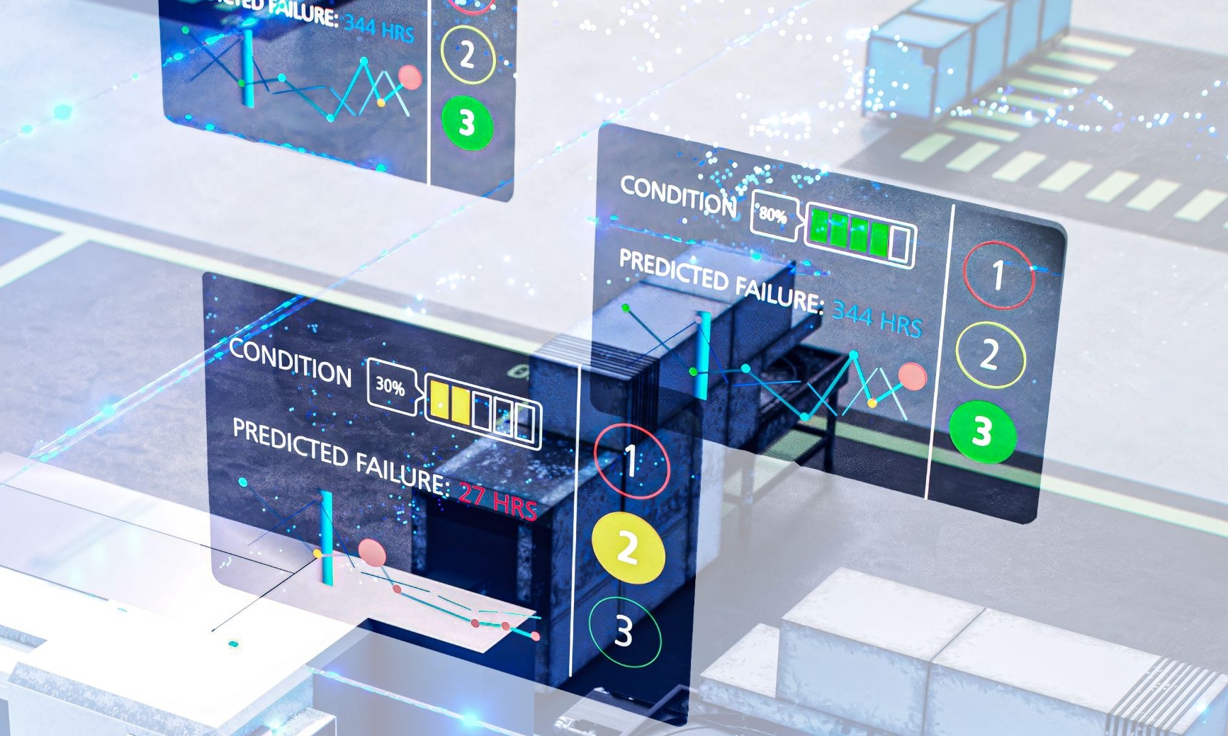 Futuristische Fabrikszene mit digitalen Benutzeroberflächen, die den Gerätezustand, Batteriestände und voraussichtliche Ausfallanalysen anzeigen.