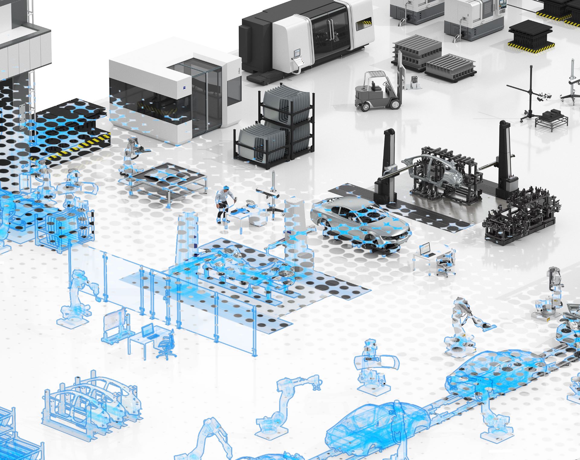Digitales Dashboard mit Datenanalysen und Leistungskennzahlen über einer hochmodernen, automatisierten Fabrikumgebung.