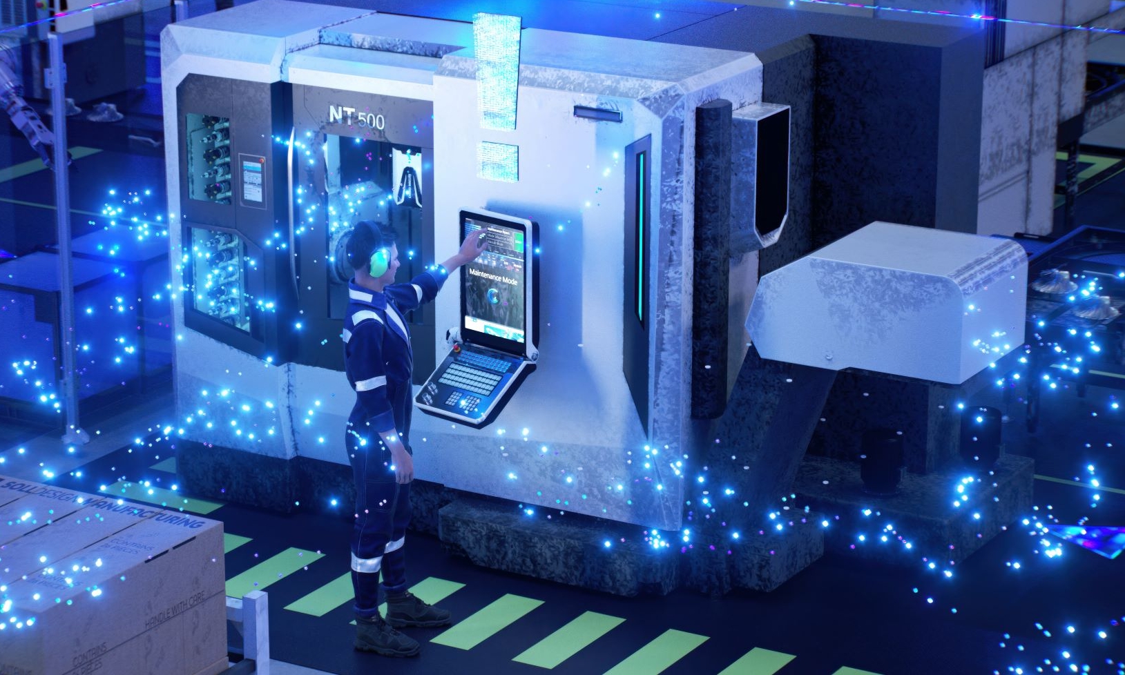 Ein Techniker bedient eine hochmoderne Industrieanlage in einer futuristischen Fabrikumgebung mit leuchtend blauen digitalen Datenströmen.