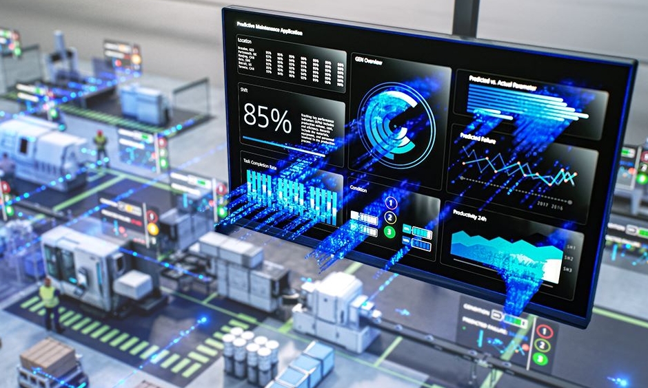 Digitale Darstellung einer hochmodernen industriellen Fertigungsumgebung mit automatisierter Maschinerie, Roboterarmen, Fahrzeugen und verschiedenen in die Produktionslinie integrierten ZEISS-Mess- und Inspektionssystemen.