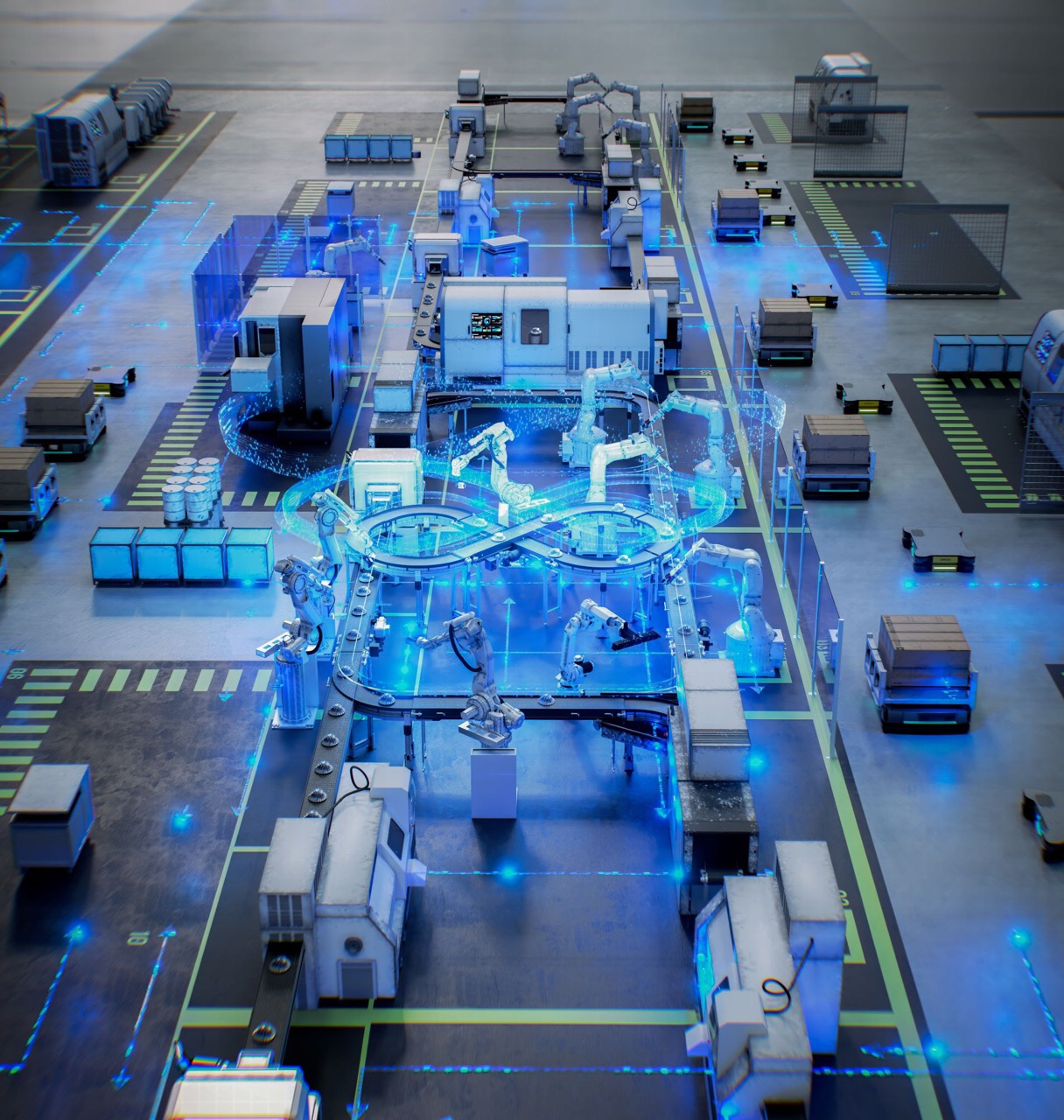 Hightech-Automatisierungslinie mit Roboterarmen und digitalen Netzwerkinformationen, die fortschrittliche Fertigungslösungen von ZEISS repräsentiert.
