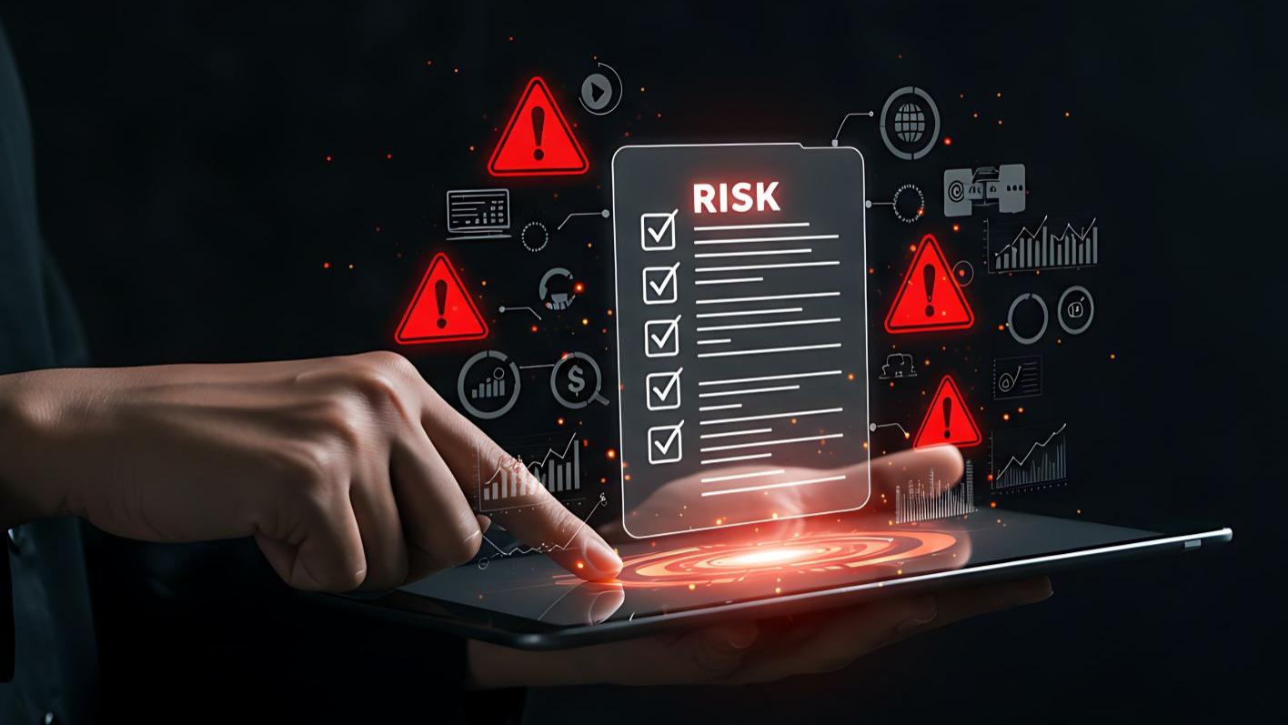 A person interacts with a tablet displaying a virtual risk checklist surrounded by  warning icons and data symbols.